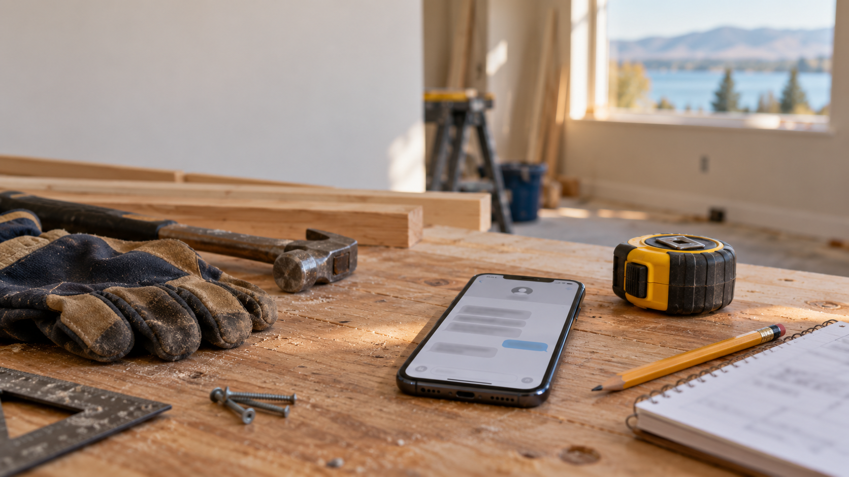 A Tri-Cities contractor reviewing a suspicious text message and fake check at a Kennewick job site.